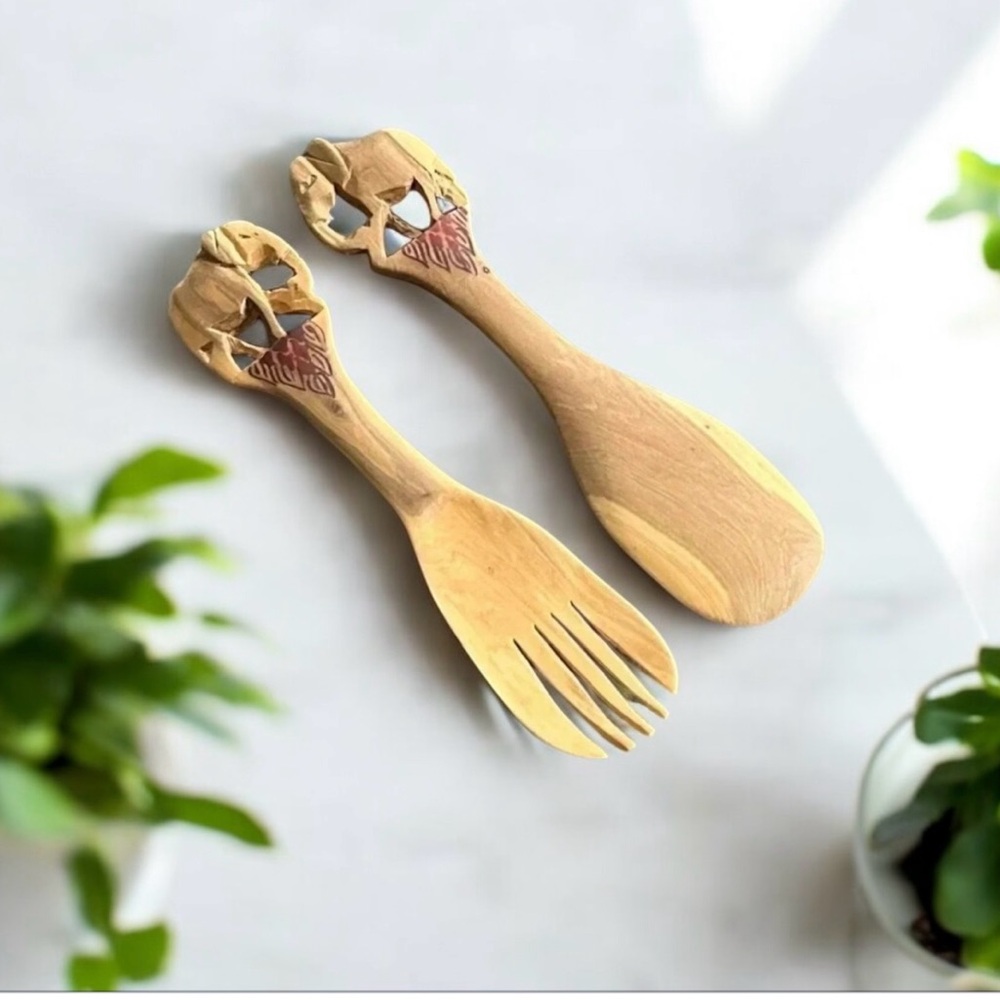 2 for $30 💟💎Vintage Hand carved Elephant Serving Teak Wood Spoon & Fork - Picture 6 of 12